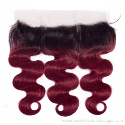 1B/Burgundy Ombre Body Wave Bundles With Frontal Closure 2 Tone Non Remy Brazilian Hair Weave Colored 3 Bundles With Frontal